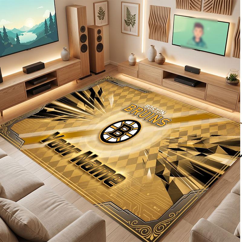 Tappeto in Cristallo Vellutato Personalizzato Boston Bruins, Tappeto Morbido Antiscivolo con Testo Nome Personalizzato per Soggiorno Camera da Letto