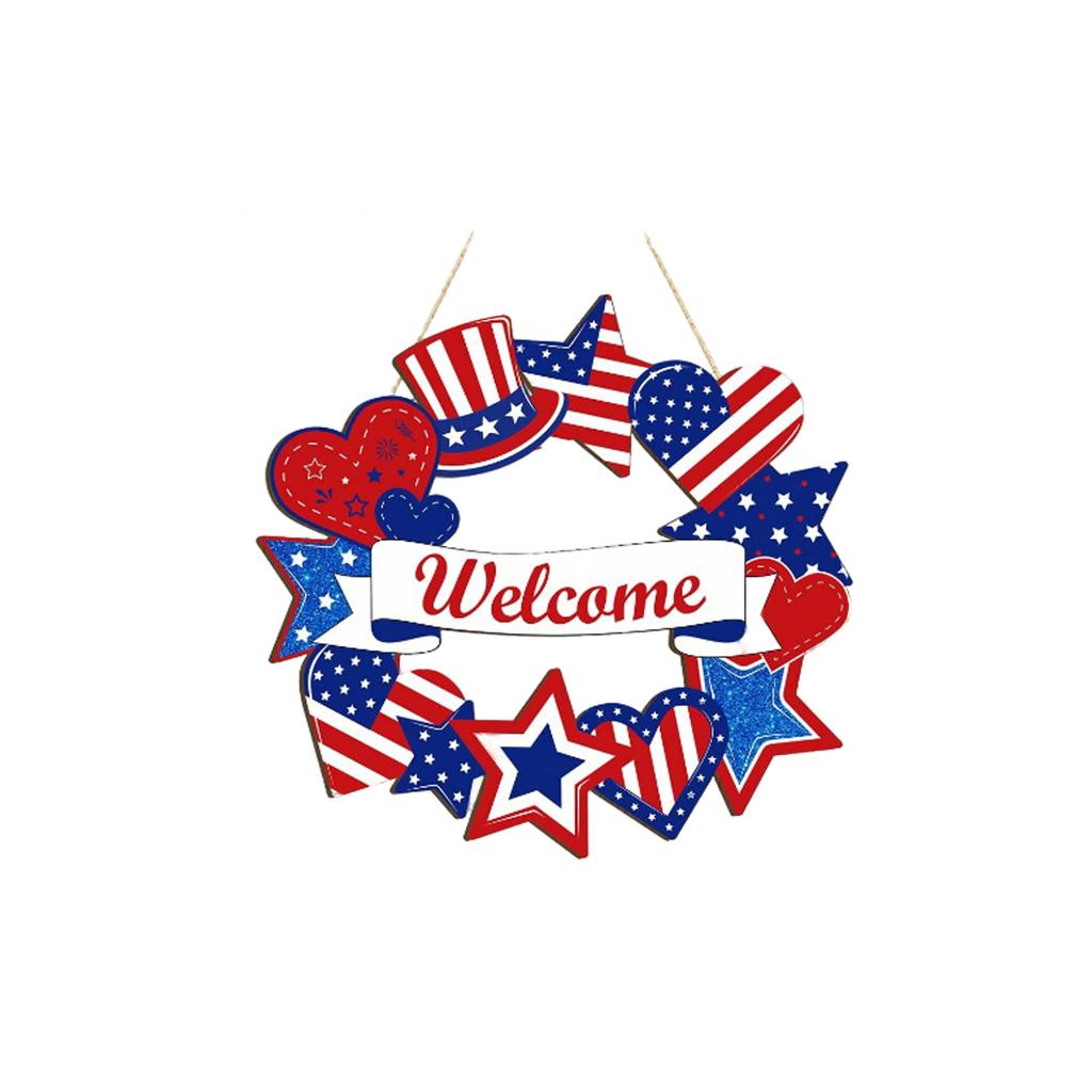 Wooden Patriotic Wreath Door Hanger Independence Day Decoration Wall Sign Plaque Home Hanging Ornament