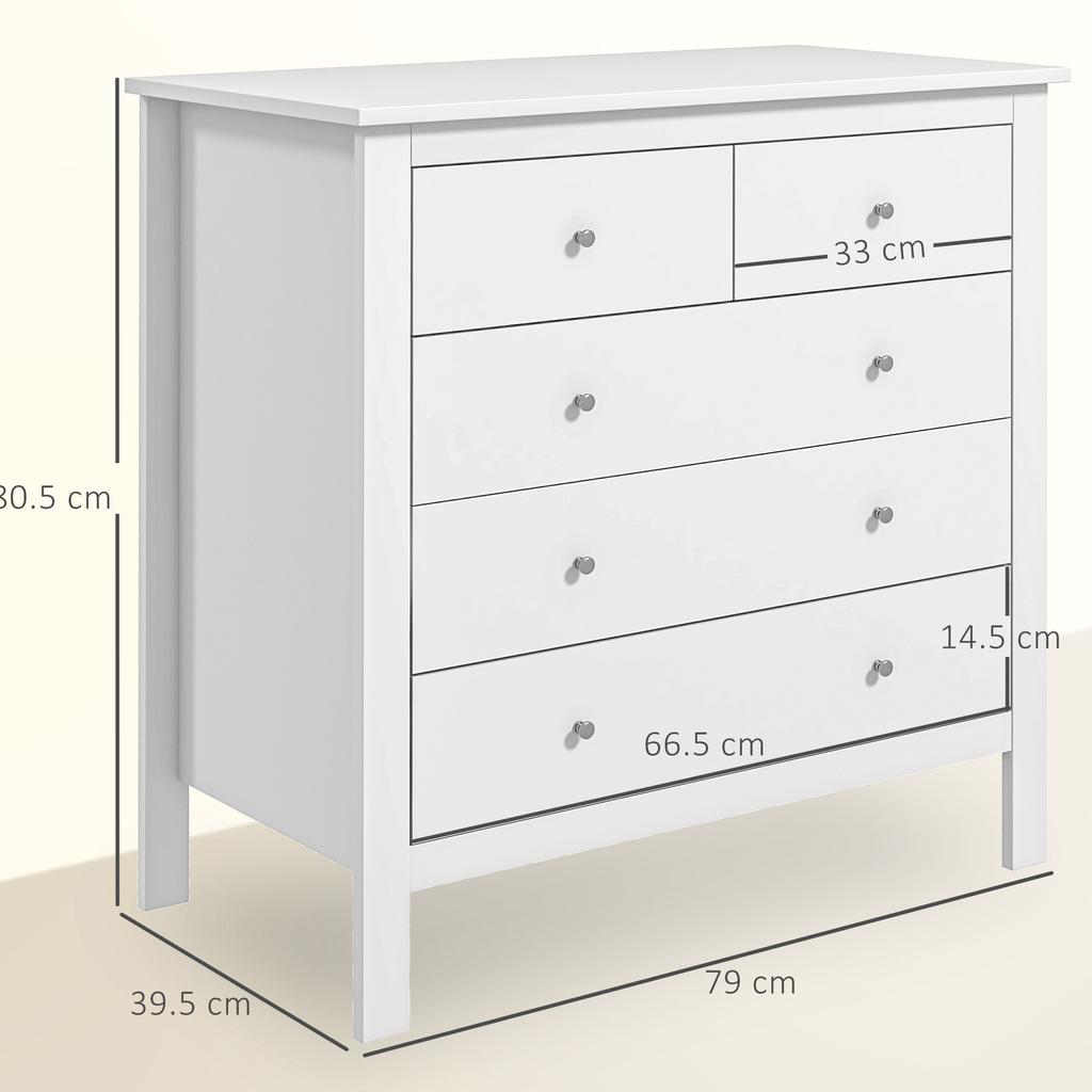 Modern Chest of Drawers, 5 Drawer Storage Cabinet with Metal Handles and Runners for Bedroom, White