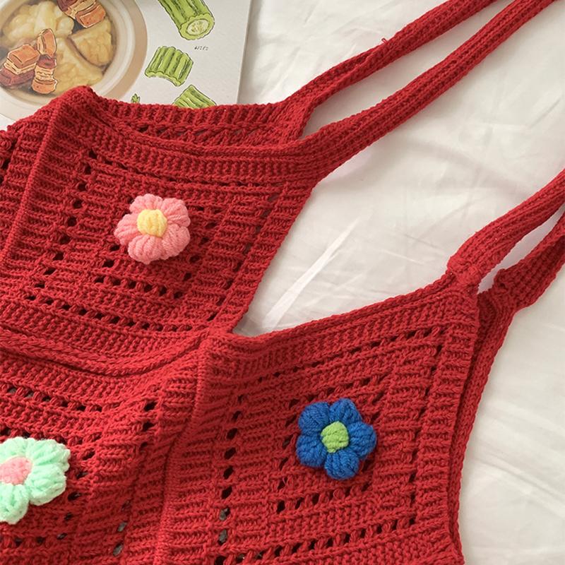 Yogodlns Summer New Hollow out Knitted Flower Tote Bag Single Shoulder Commute High-End Feeling Large Capacity Business Commuting