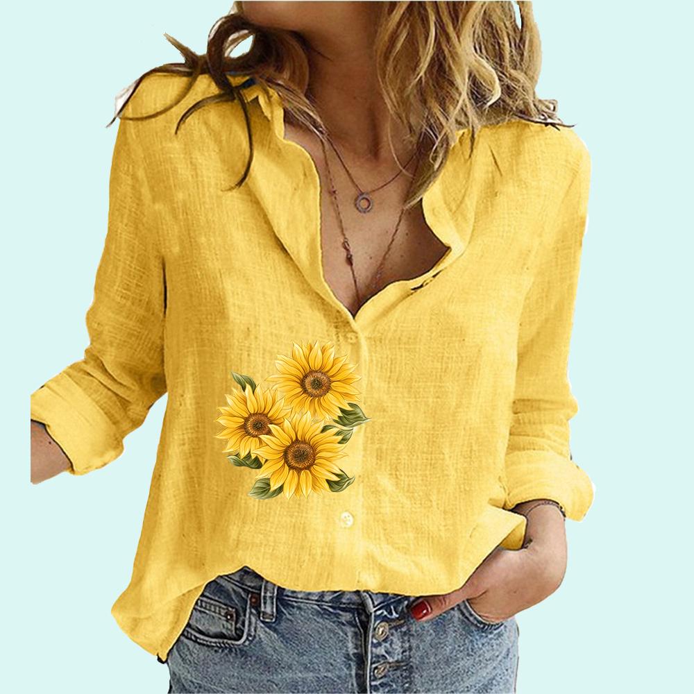 

Жіноча повсякденна сорочка з квітковим принтом на ґудзиках. Жіноча модна весняно-осіння лляна топ із довгими рукавами. Жіночі блузки з довгими рукавами. 5XL жовтий