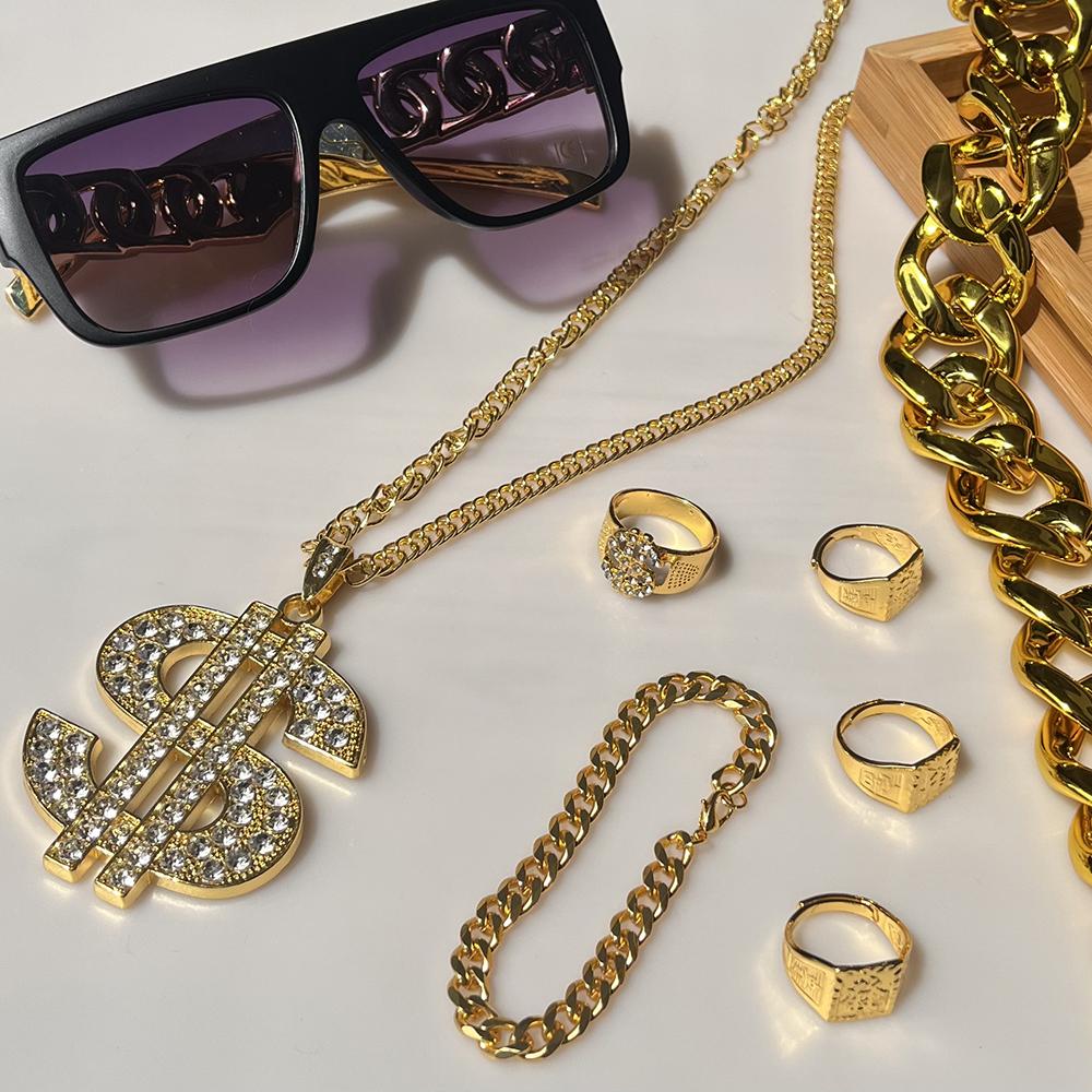 Jardme 80s 90s Hip Hop Jewelry Set for Men Costume Kit Old School Rapper Golden Rope Chain Bracelet Dollar Sign Chain Jewelry