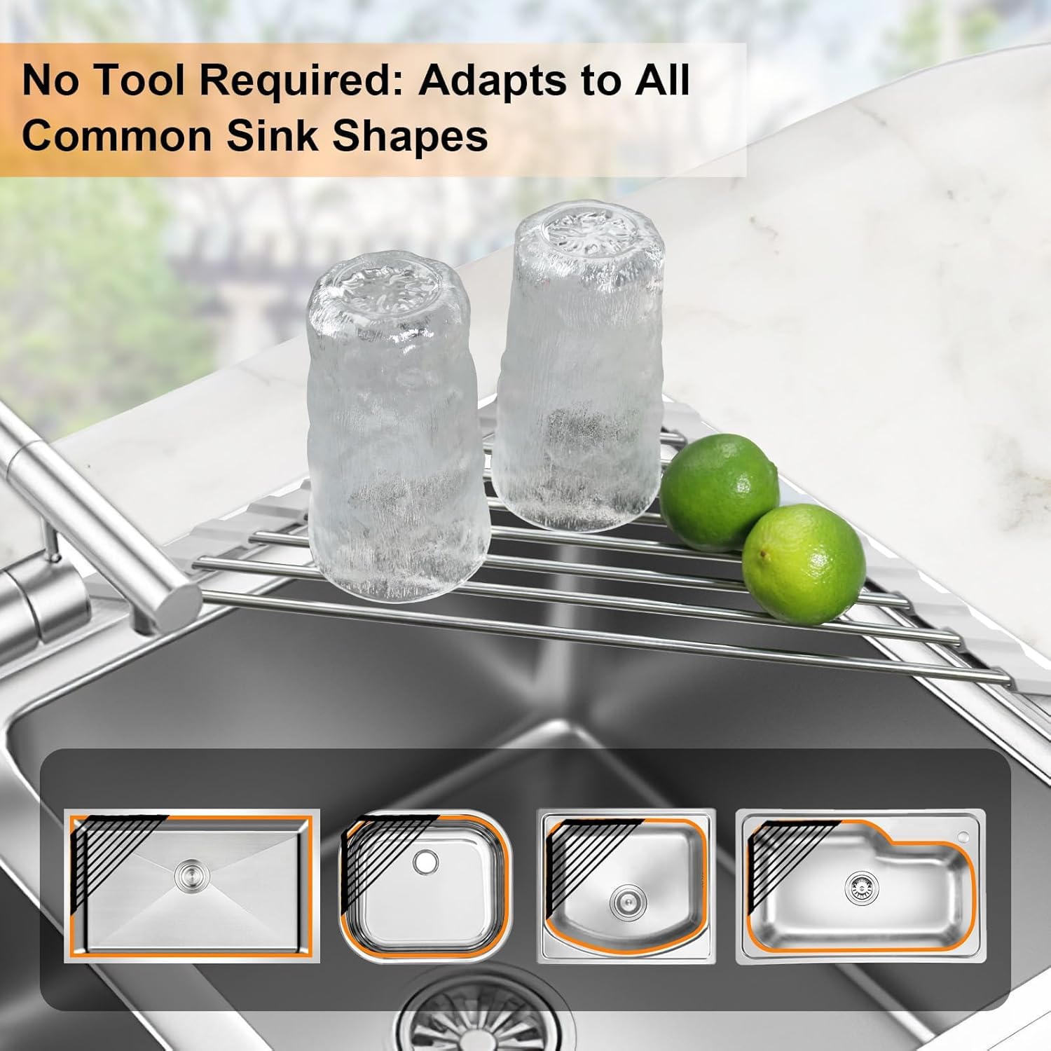 Corner Sink Caddy Triangle Dish Drying Rack for Sink Corner, Sponge Holder Roll Up Dish Drying Rack Over The Sink, Stainless Steel Kitchen Sink
