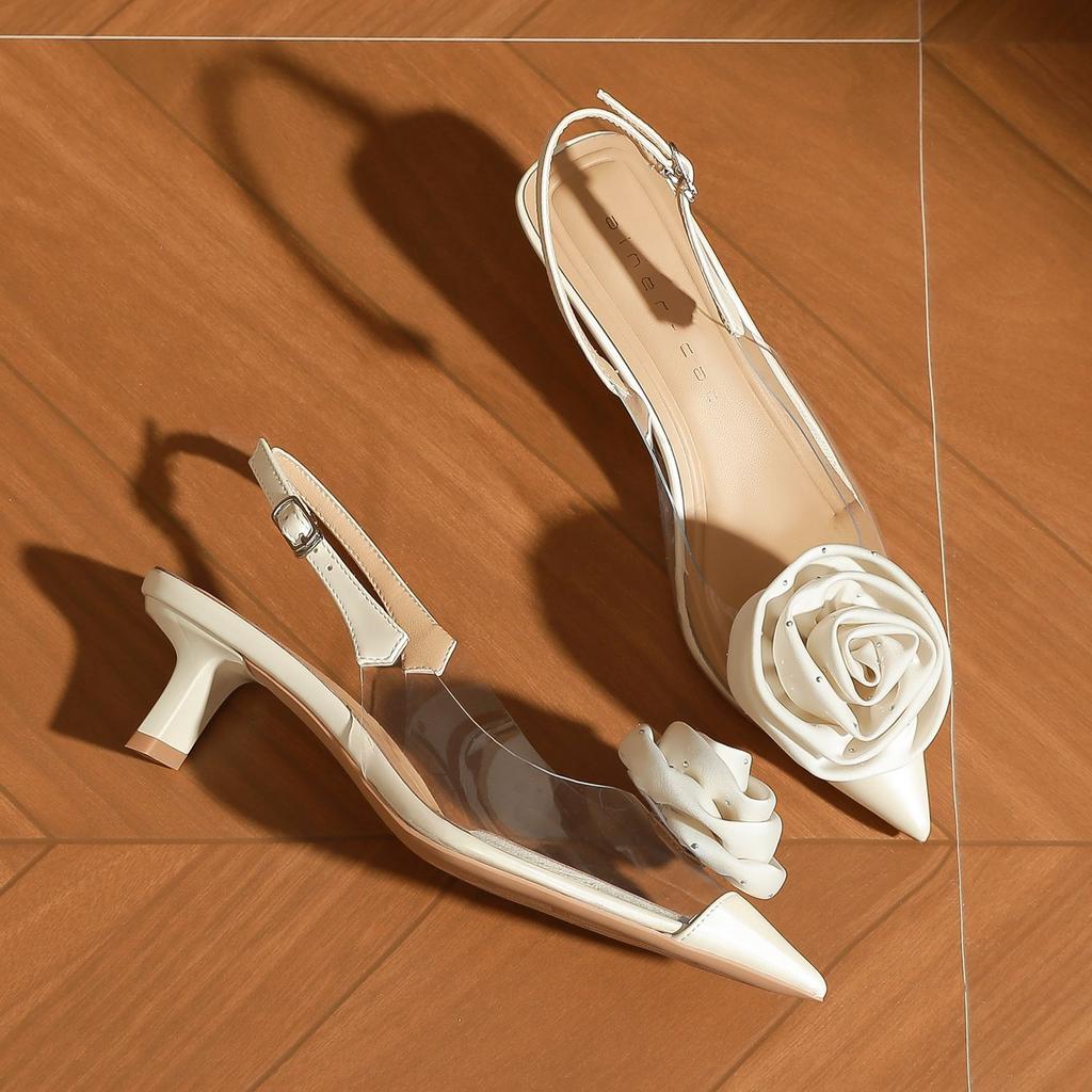 59005 High heels women's thick heels summer 2025 new transparent semi-slippers pointed empty flower shoes