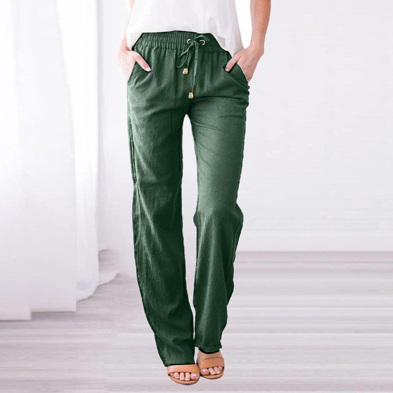 Women Drawstring Waist Wide Leg Loose Cotton Linen Pants