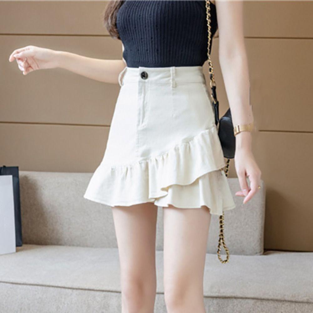 With Safty Pants Ruffle Short Mini Skirt Denim Pleated Mini Skirts High Waist A-line Skirt  Summer