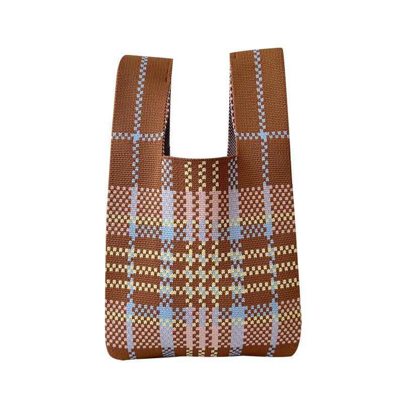 "Niche Colorful Plaid Knitted Shoulder Tote - Large Capacity Versatile Handbag"