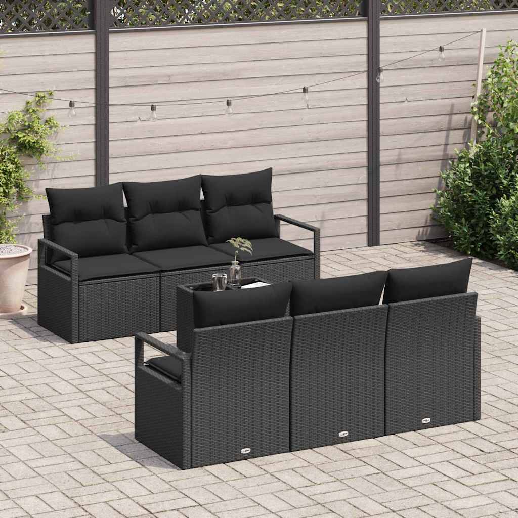 7 Piece Garden Sofa Set with Cushions Black Poly Rattan