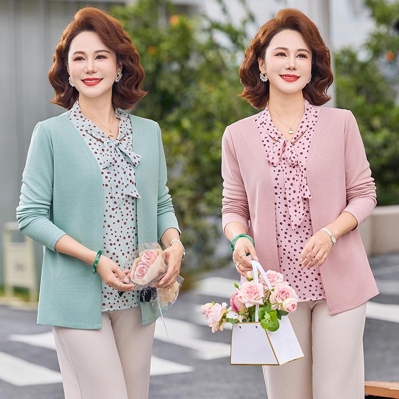 Spring Fashion Knitted Two-Piece Long-Sleeve Shirt for Middle-Aged Women