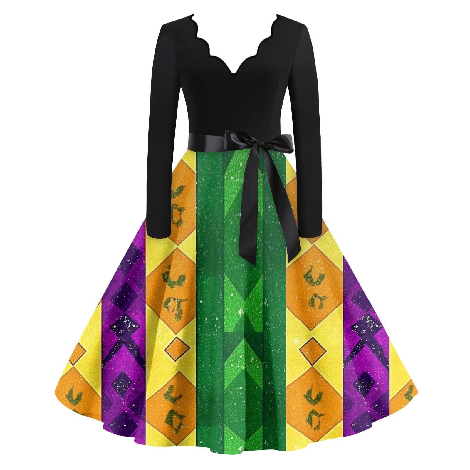 

Женское повседневное модное платье с V-образным вырезом и длинным рукавом с принтом в винтажном стиле L