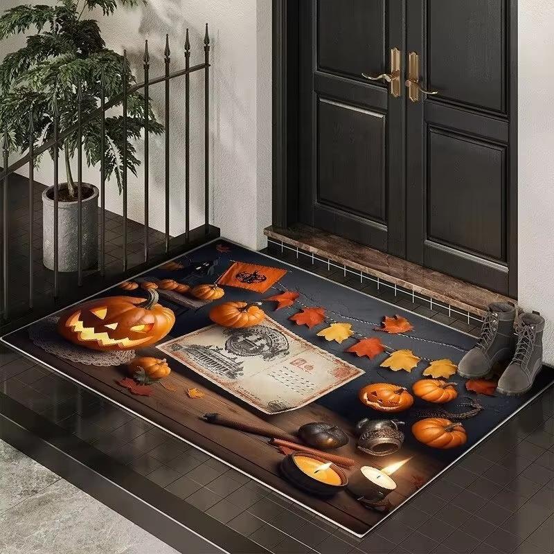 Halloween Themen Fußmatte mit gruseligen Kürbis Fledermaus Hexen Mustern Weicher dekorativer Eingangsteppich für Zuhause Innen Halloween Deko