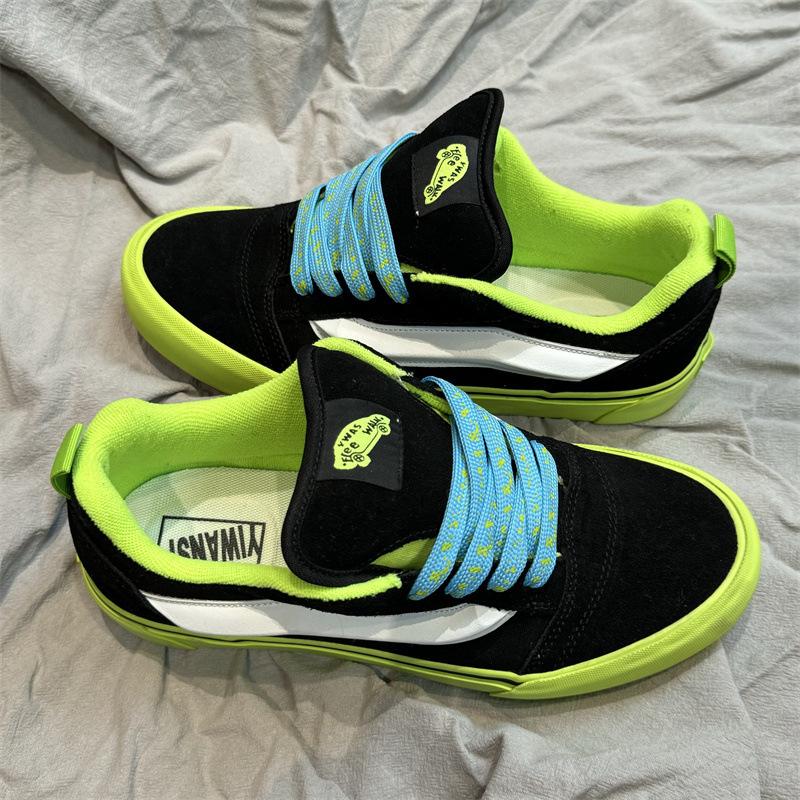 Магазин knu skool низкие повседневные кроссовки с контрастным черным и зеленым дизайном Американский ретро пухлые  хлебные  кроссовки 38 флуоресцентный зеленый