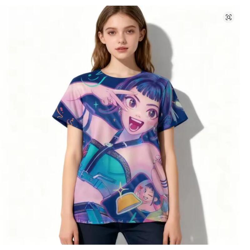 Women's Summer KPop Demon Hunters Graphic Tee Stylish Streetwear T-Shirt with Rum Mira Zoey Character Prints Trendy Casual