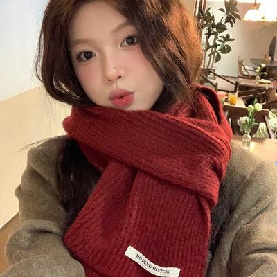 Red Knitted Woolen Scarf Women'S Winter Simple Luxury Solid Color Warm Neck