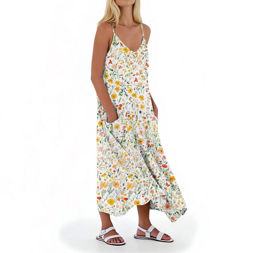 Women's Casual V Neck Floral Print Sleeveless Pocket Suspender Dress