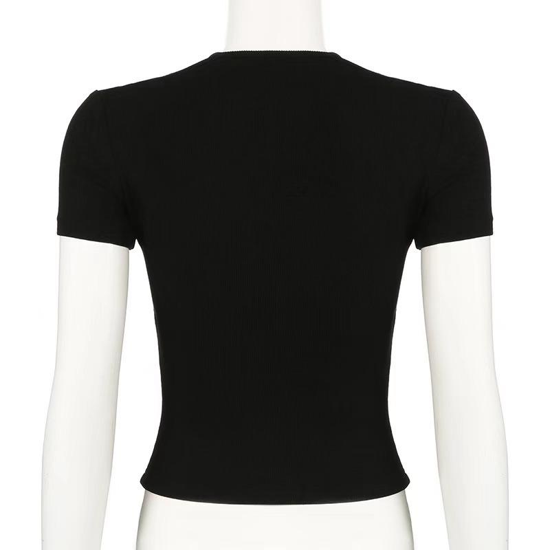 Decolteu cu dantelă, cu fundă, tricou drăguț Y2K, tricou pentru femei, subțire, cu mânecă scurtă, cu mânecă scurtă, îmbrăcăminte dulce pentru balet