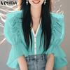 VONDA Women Summer V Neck Puff Half Sleeve Ruffled Buttons Casual Blouse