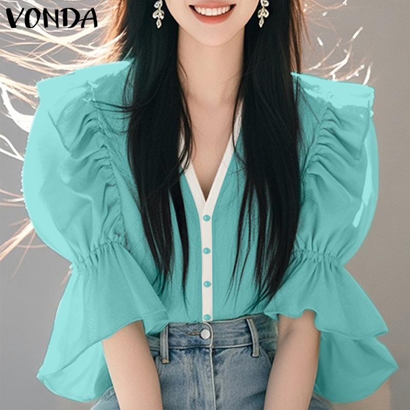 VONDA Women Summer V Neck Puff Half Sleeve Ruffled Buttons Casual Blouse