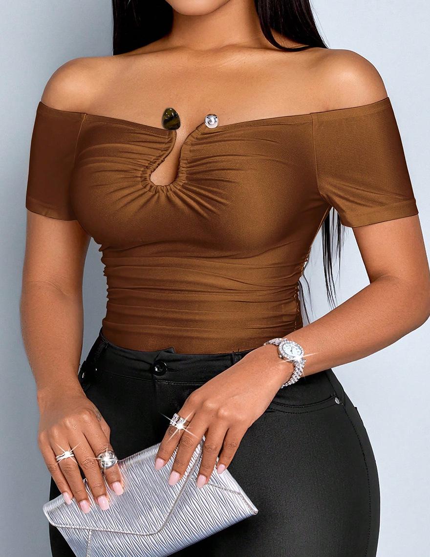 2026 Европейская и Американская Весенняя Мода Металлическая Одноплечая Облегающая Сексуальная Женская Футболка 1XL кофейный