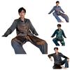 2Pcs/Set Men Summer Pajama Set Lapel Long Sleeve Shirt Elastic Waist Pockets Wide Leg Pants Set Solid Color Single Breasted Slee