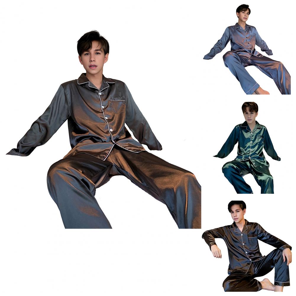 2 stk/sett Herre Sommer Pyjamassett Revers Langermet Skjorte Elastisk Midje Lommer Vide Ben Bukser Sett Ensfarget Enkeltspent Slee