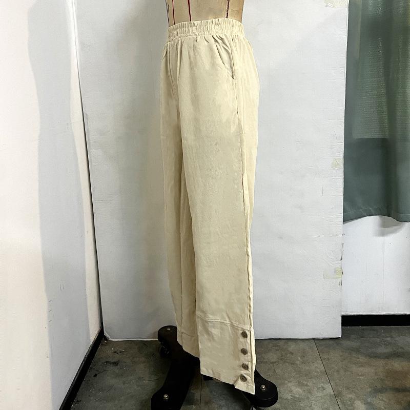 Kadın Düz Renk Lastikli Yüksek Bel Cepli Düğme Süslemeli Günlük Pantolon