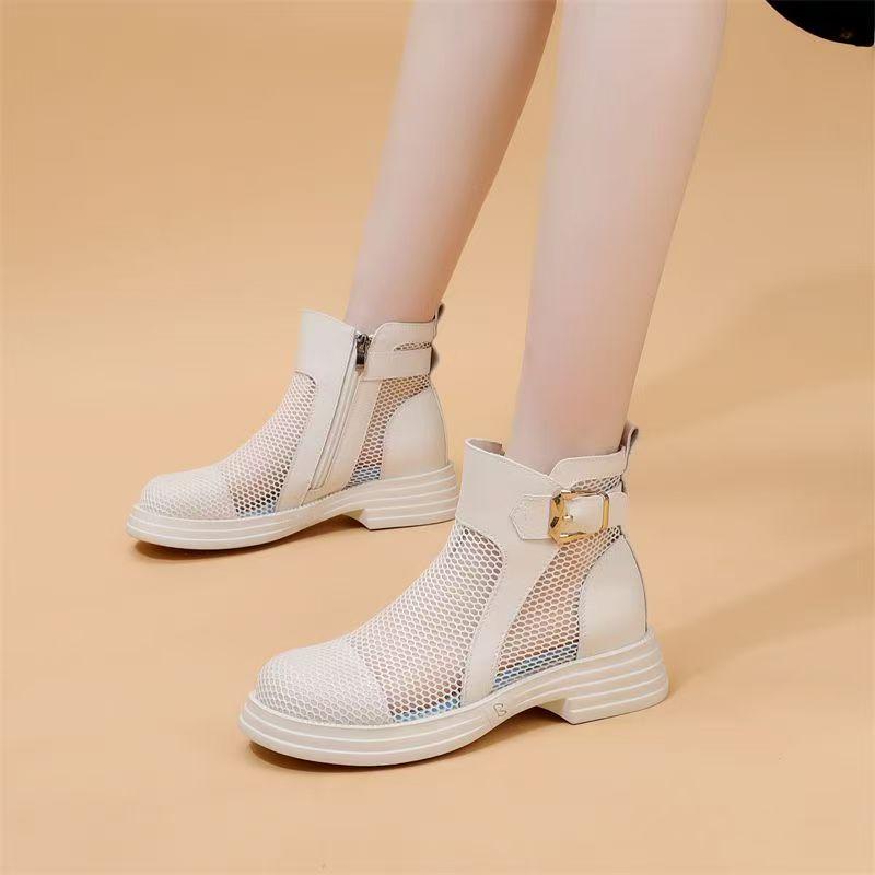 Damen Stiefeletten mit niedrigem Absatz, große Größen, Leder-Netz-Kombination, Frühling/Sommer, dicke Sohle, rutschfest, runde Spitze, leicht, atmungsaktiv, coole Stiefel