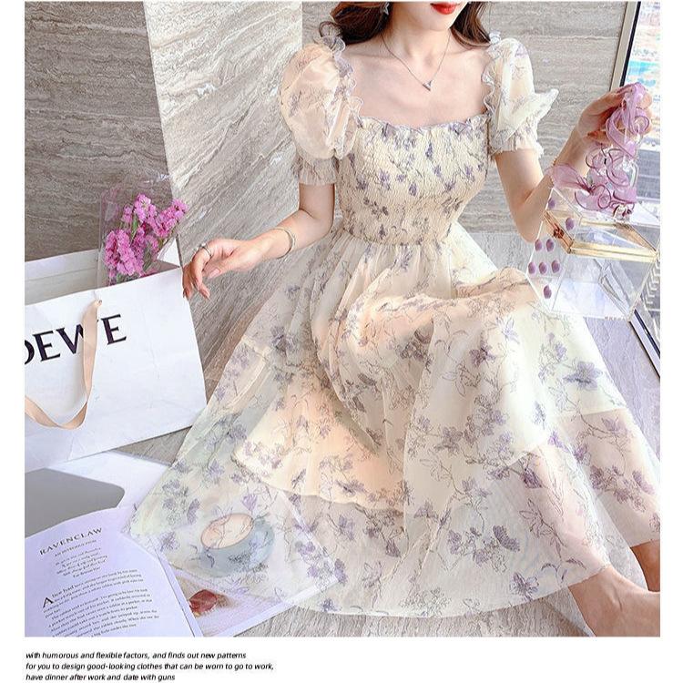 Summer Tea Break French Ink-wash Painting, Waist-cinching and Slimming, Elegant and Ladylike, White Chiffon Dress for Women's Clothing