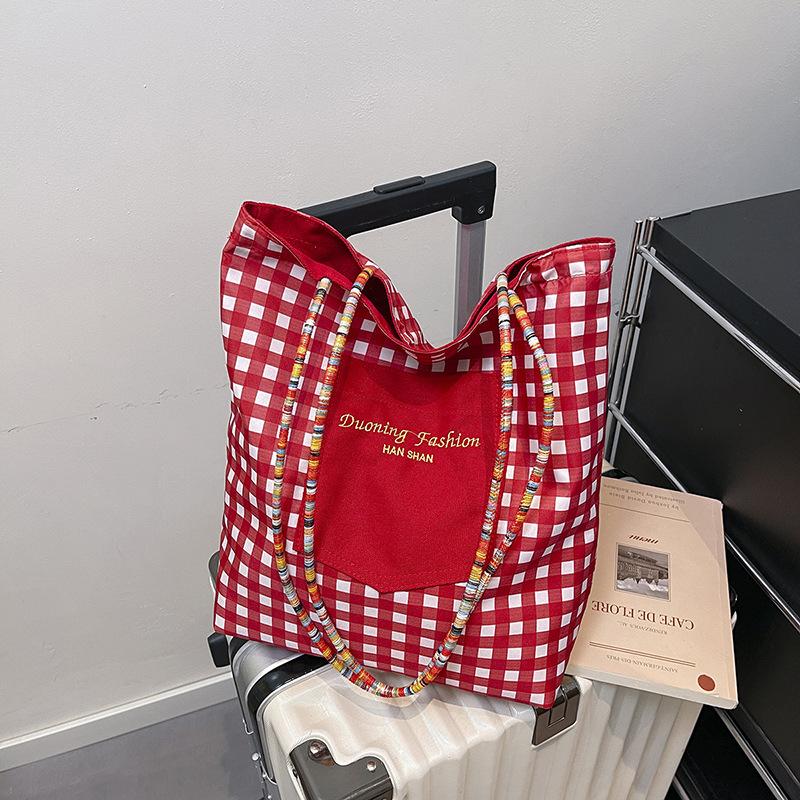 Large-capacity casual double-sided plaid canvas trendy contrasting colors summer new hand-held tote bag