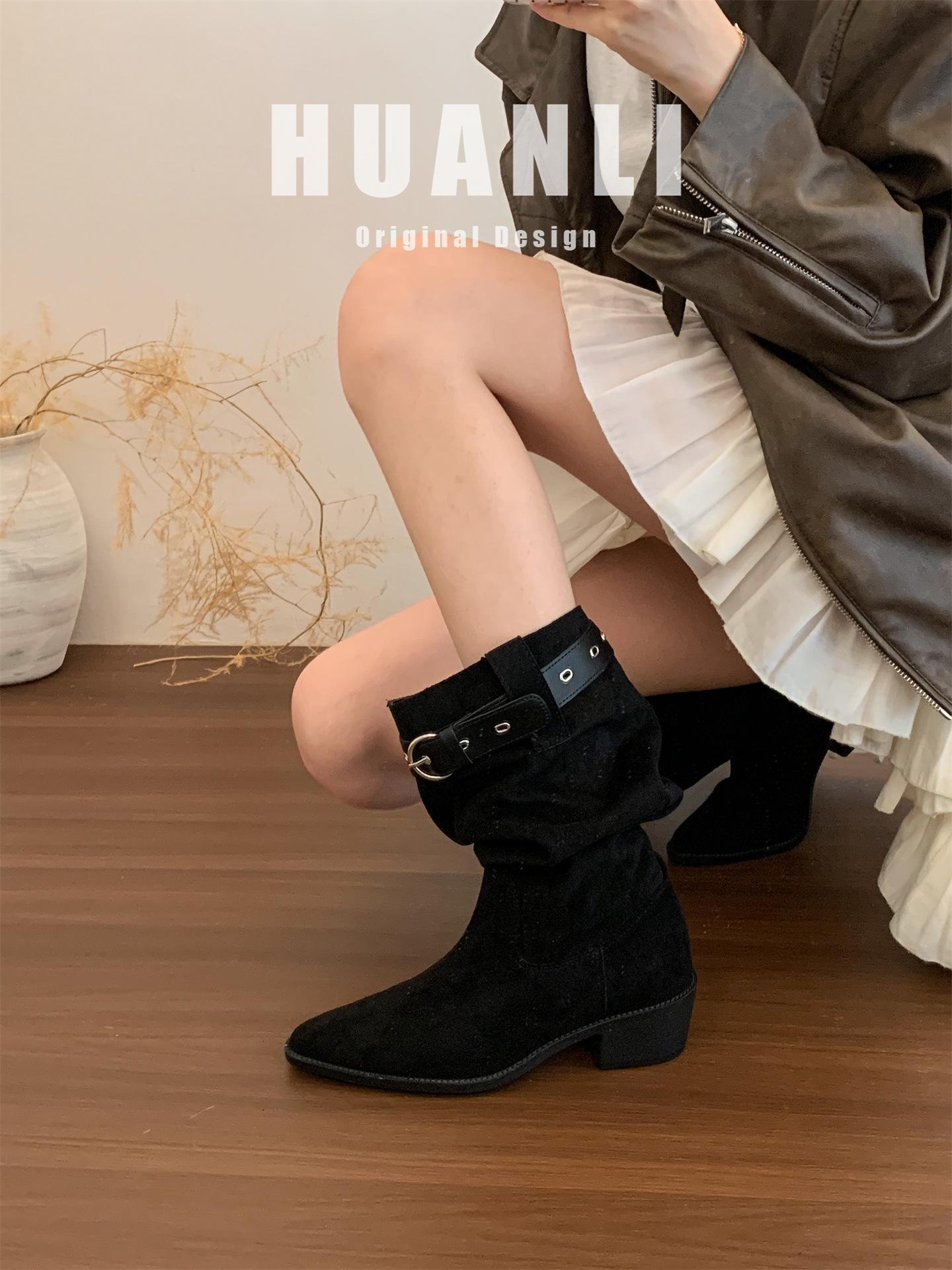 

American Lazy Vintage Pleated Pile Boots Women s Autumn and Winter Pointed Western Cowboy Boots Coarse Heel Medium Knight Boots 39 чёрный