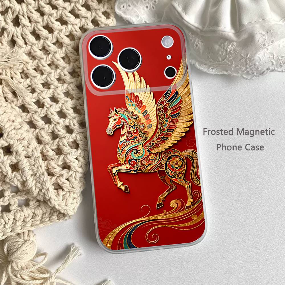 Moderne chinesische Stil Rotes Pferd Handyhülle Für iPhone 14,16,12,17,13,15,11 Max,Pro,Mini,Plus,Air,E Magnetisch Matt Transparent