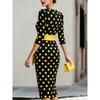 Robe Mi-longue Moulante à Pois pour Femme Manches 3/4 Col Bateau Robe Crayon avec Ceinture Blanche Élégante Robe de Soirée Bureau