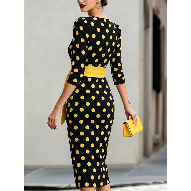 Robe Mi-longue Moulante à Pois pour Femme Manches 3/4 Col Bateau Robe Crayon avec Ceinture Blanche Élégante Robe de Soirée Bureau