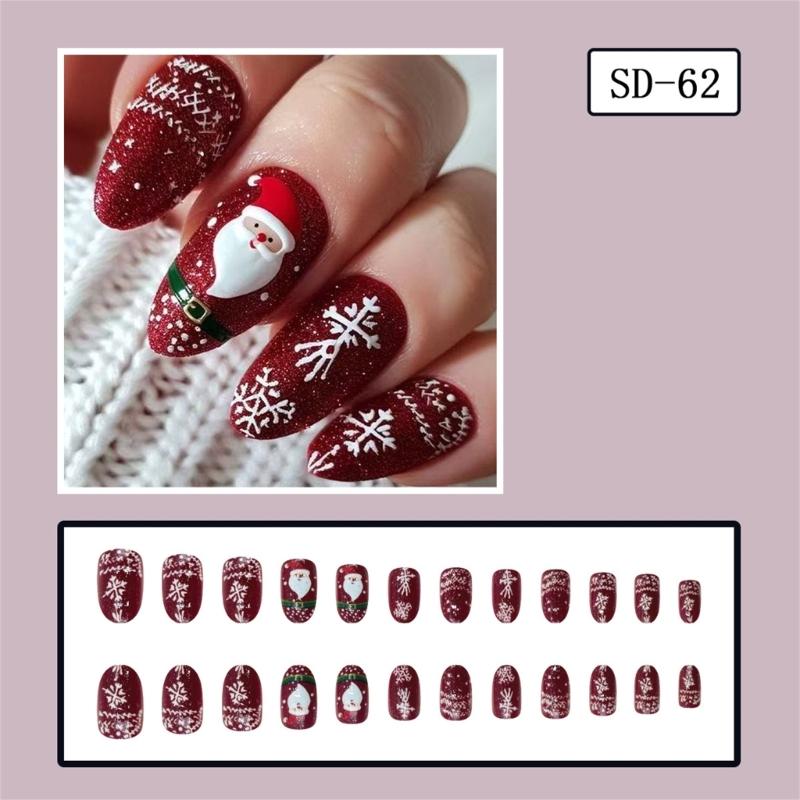 24 Stück rote, glitzernde, kurze, ovale künstliche Fingernägel mit Schneeflocken-Weihnachtsmann-Motiv, 3D-Drucknagel zum Aufkleben für die Weihnachtsfeier