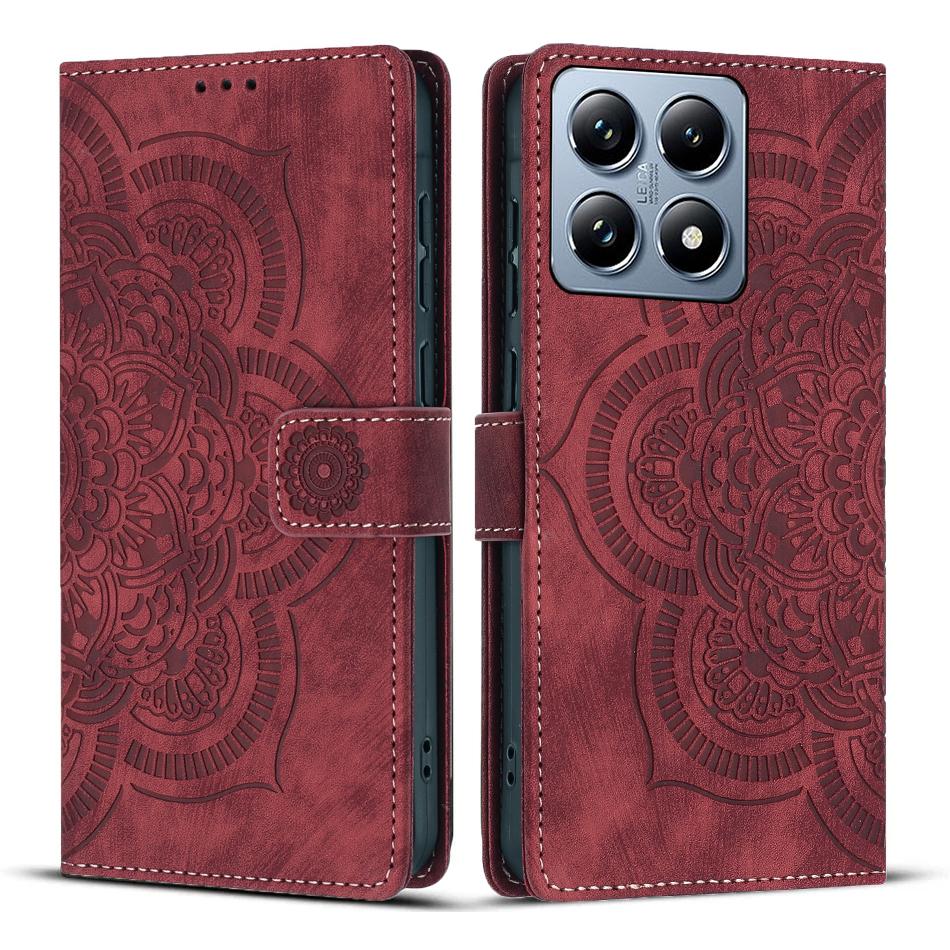 

For Xiaomi 14T Pro Leather Case WANLONFENG HDM Series Mandala Imprint Wallet Stand Phone Cover Wine Red