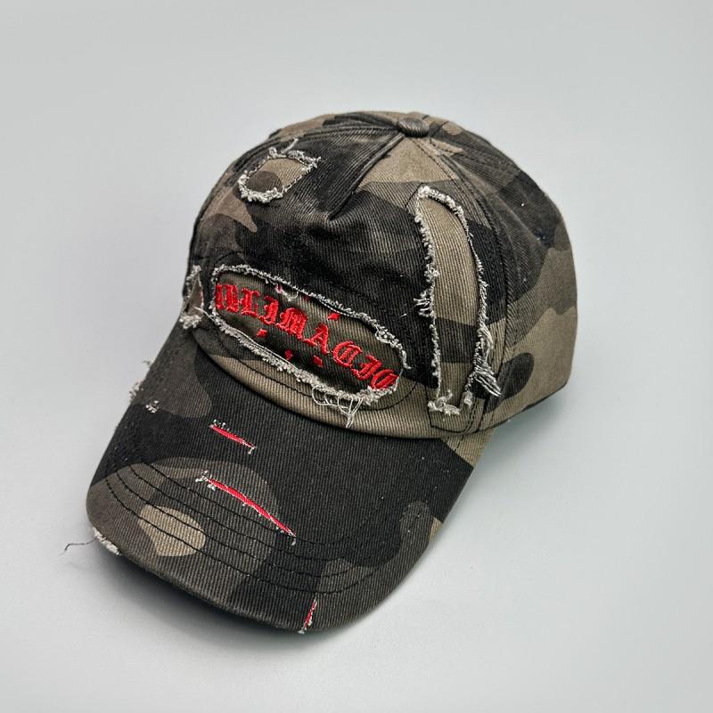 Vintage Embroidered Sanskrit Baseball Cap Distressed Camo Sun Hat Street Style