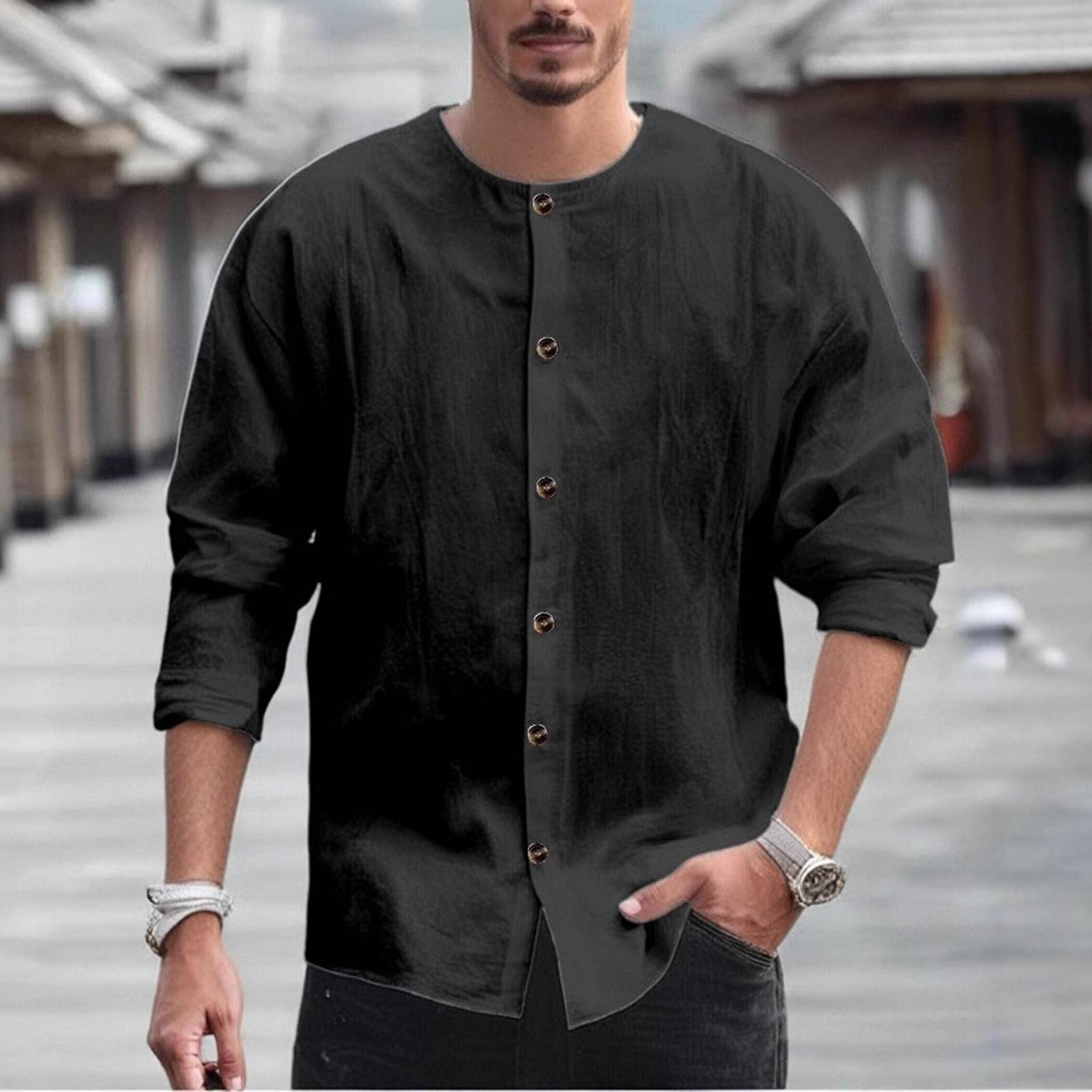 

Мужская винтажная однотонная рубашка из хлопка и льна с длинными рукавами и воротником на пуговицах. Рубашка с длинными рукавами. XXXL чёрный