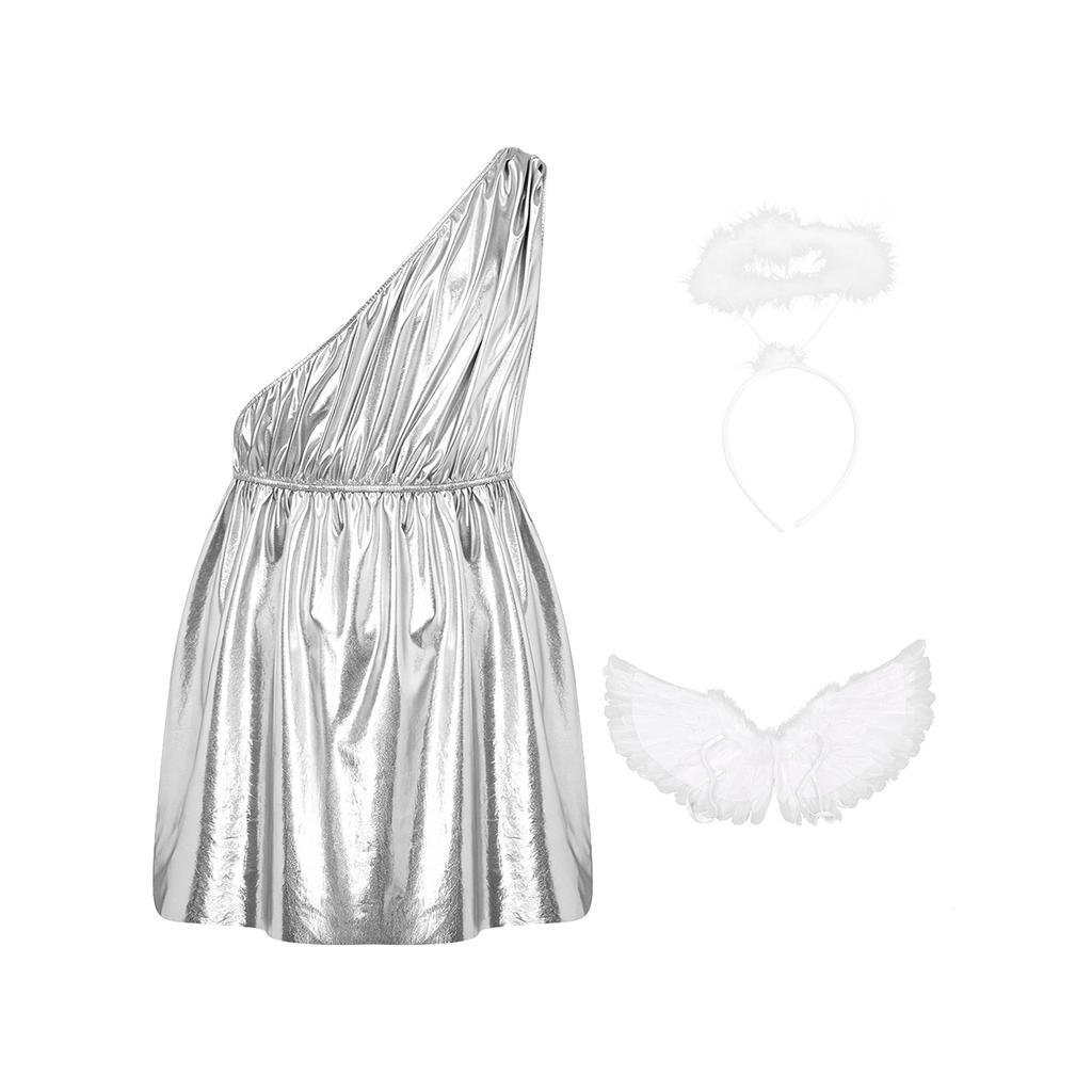 Mens Halloween Costume Metallic Toga One Shoulder Tunic Dress Wings Headwear