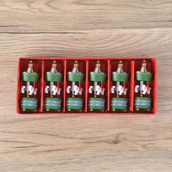 6Pcs Wooden Carousel Christmas Ornament Xmas Tree Hand-painted Merry-Go-Round Hanging Decoration Home Office Holiday Party Pendant