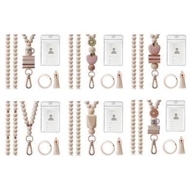 Holzperlen Lanyard und Kartenhalter Set Ausweiskartenhalter mit Perlen Lanyard Quasten Anhänger Runde Schlüsselringe für Frauen