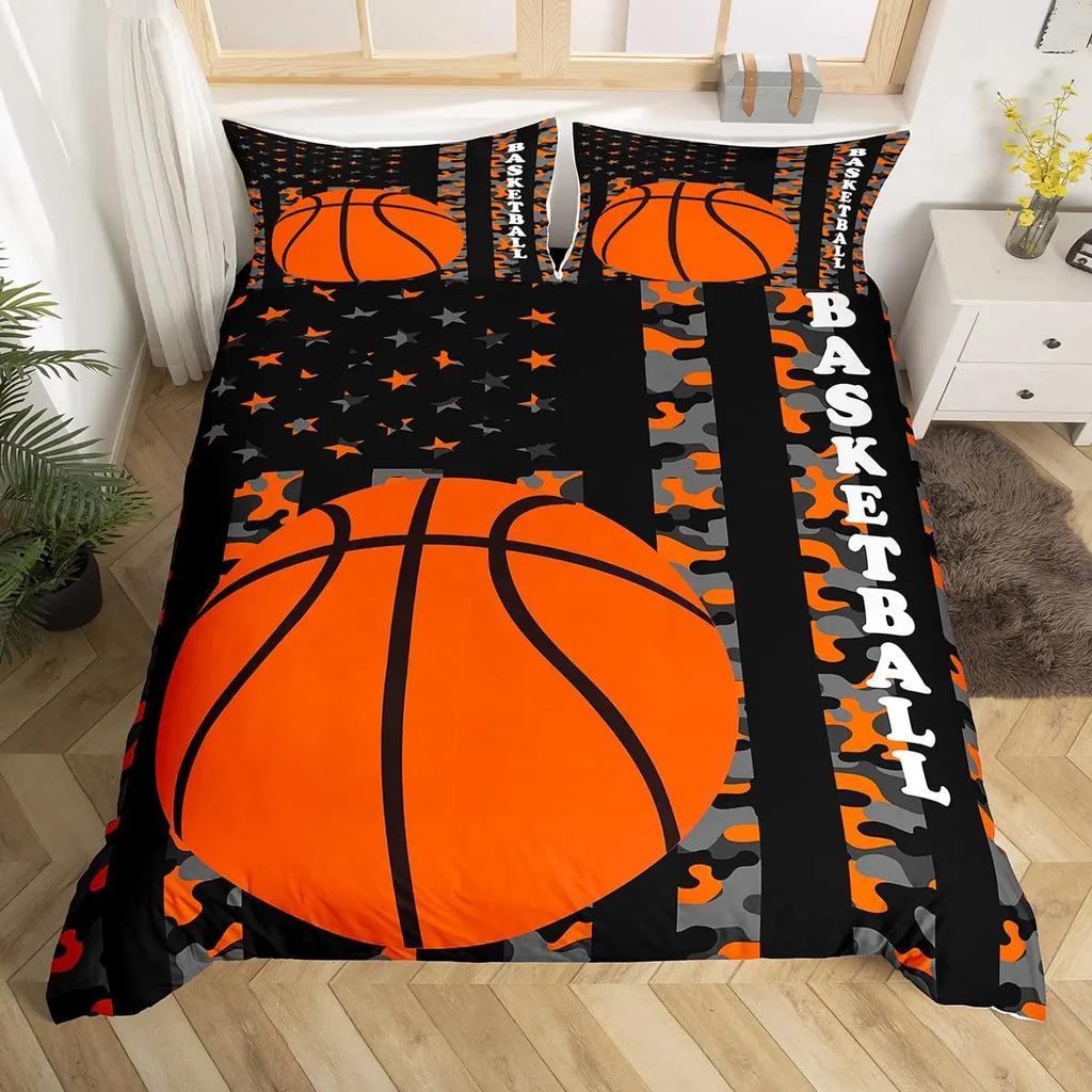 Basketball Court Print Bedding Set Queen Size,Ball Sports Games Themed Duvet Cover, Boys Game Room Decor Comforter Duvet Cover