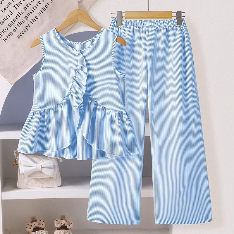 

Girls Summer 2025 Striped Sleeveless Ruffle Top & Wide-Leg Pants Set 140cm=9Y небо синє кольору