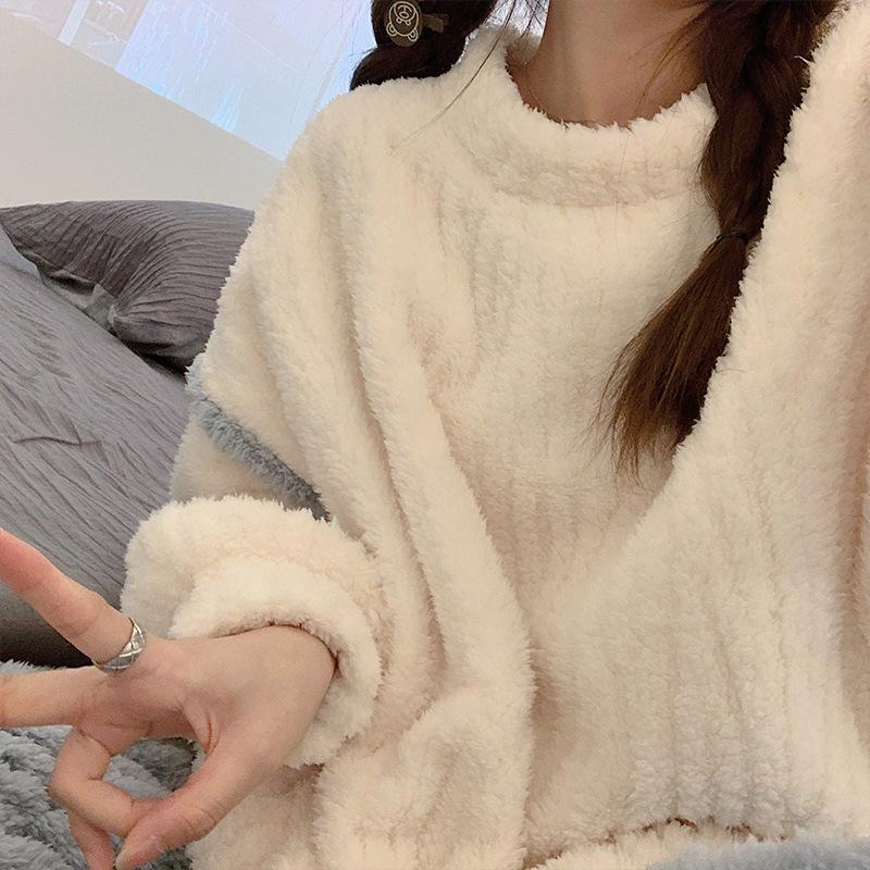 Autumn and Winter Women's Velvet Thick Pajama Set  Long Sleeve Plus Velvet Home Suit Set
