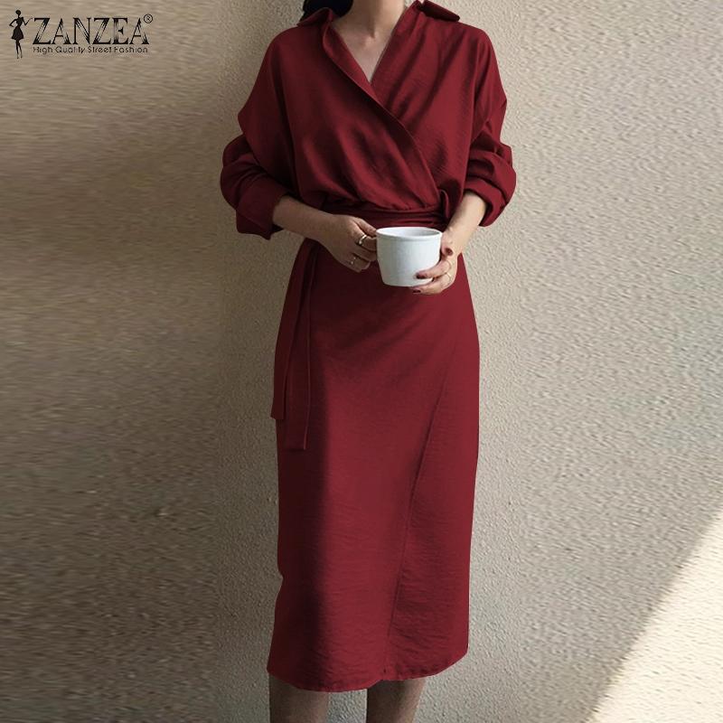 

ZANZEA Женское повседневное модное длинное платье с отложным воротником и шнуровкой