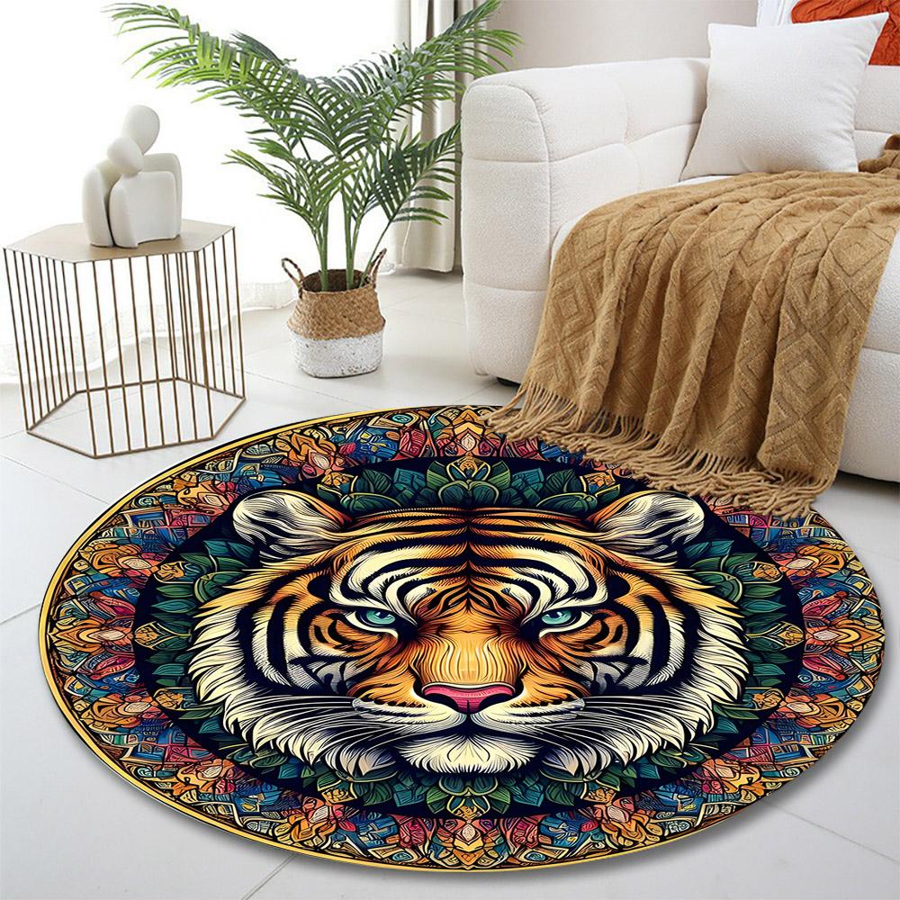 Majestic Tiger Mandala Design Print round rug, living room, bedroom, playroom carpet, non slip floor mat, gift