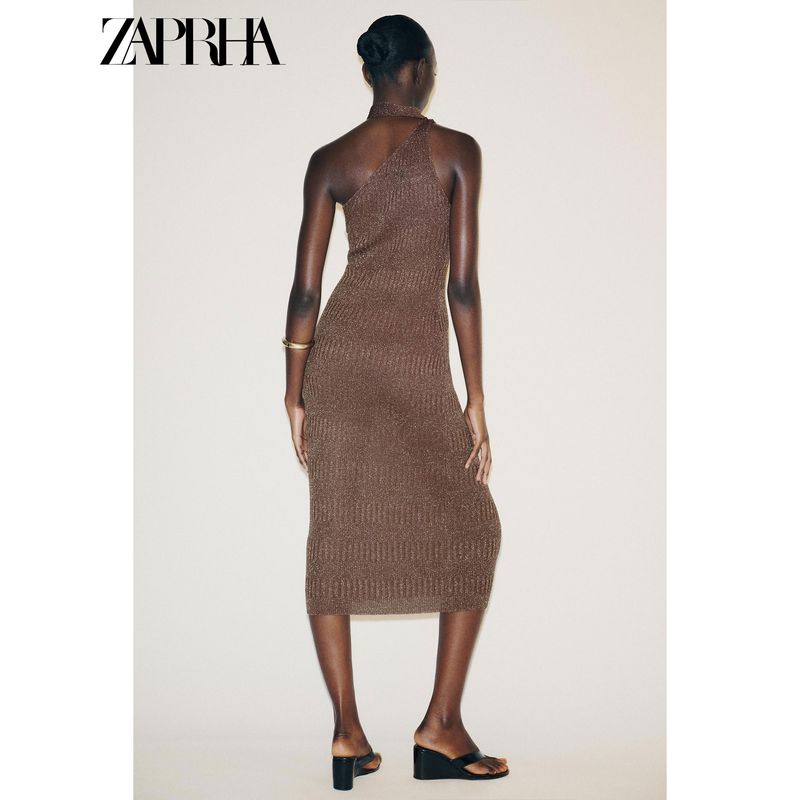 Zaprha 2025 Autumn New Maillard Style Sleeveless off-Shoulder Asymmetric Collar Midi Dress 5063802