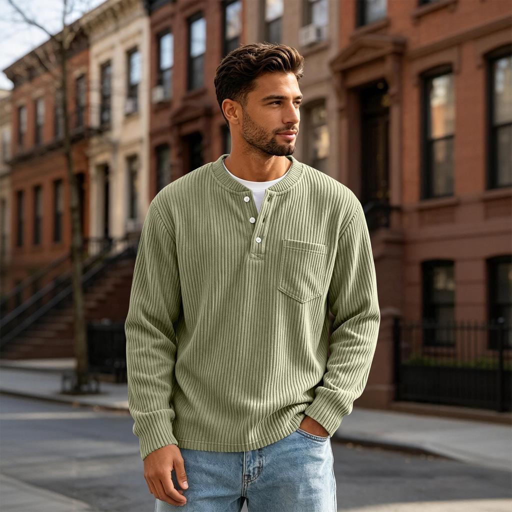 Herren Langarm T-Shirt mit Knopfleiste und Tasche für Freizeit und Sport