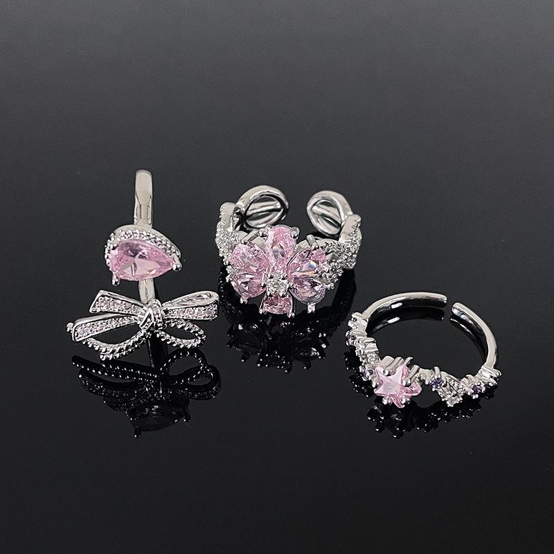Růžová série Mašlička Plný diamant Zir***** Pero Prsten Květina Lehký luxus Špičkový niche design Prsten