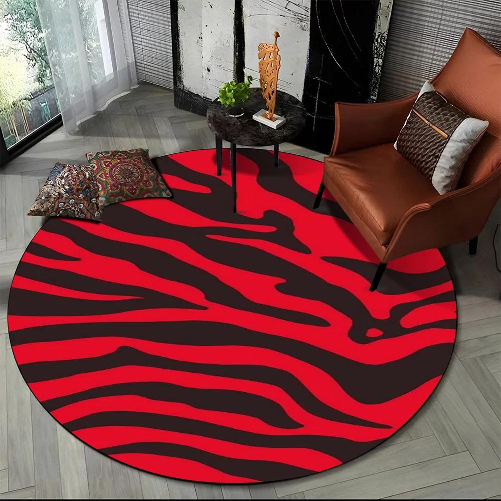 3D Barevný Pruhovaný Vzor Zebra Kulatý Koberec pro Obývací Pokoj, Ložnici, Dětský Herní Koutek Dekor, Protiskluzová Podložka do Zóny pro Domácí Mazlíčky