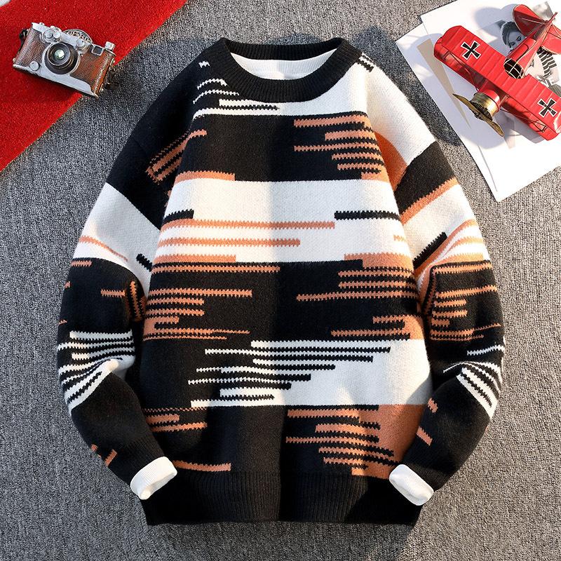 Men's Autumn Winter Sweater Round Neck Long Sleeve Thread Contrasting Color Bottoming Shirt Top
